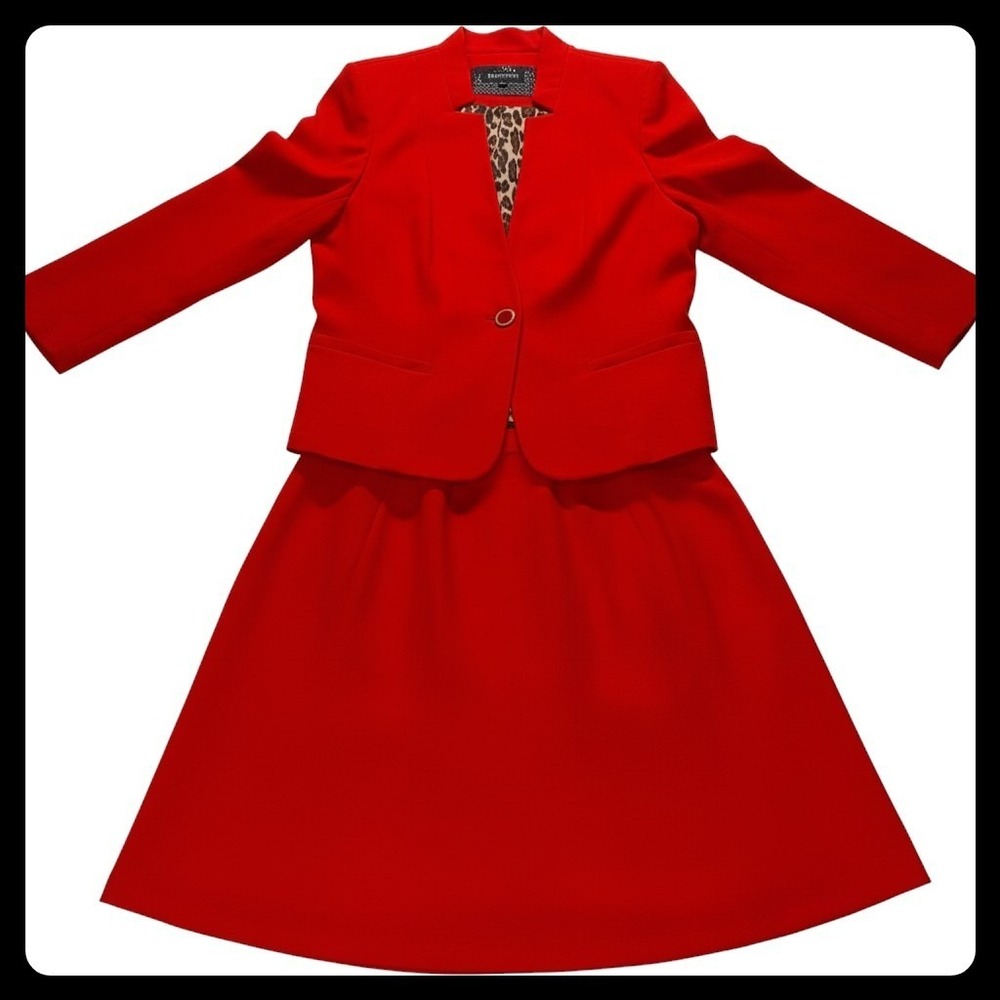 John Meyer Skirt Suit Women Size 14 Red Leopard Lining Career Professional